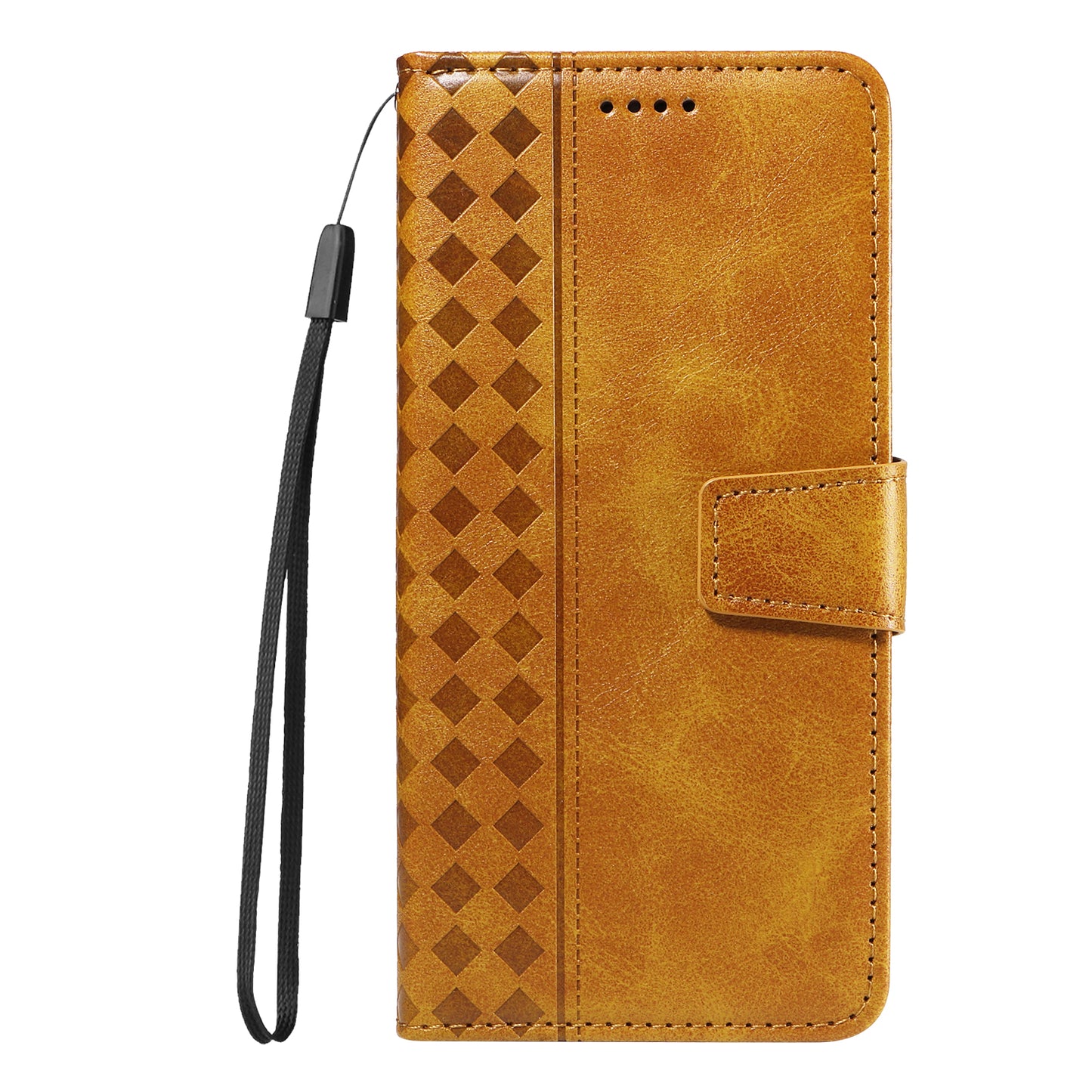 For iPhone 15 Pro Max Leather Case Wallet Stand Grids Imprinted Phone Cover with Strap - TechGearPal