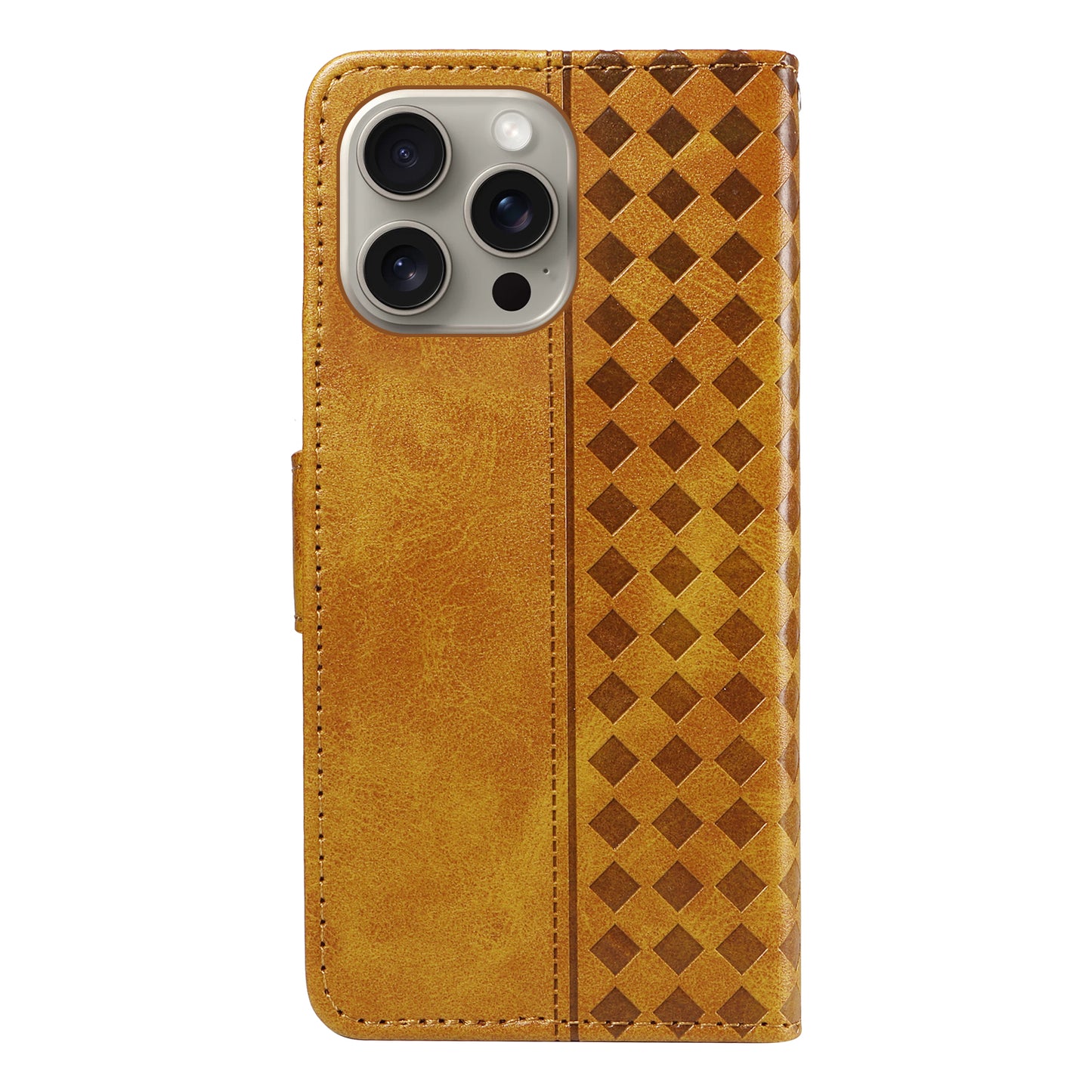 For iPhone 15 Pro Max Leather Case Wallet Stand Grids Imprinted Phone Cover with Strap - TechGearPal