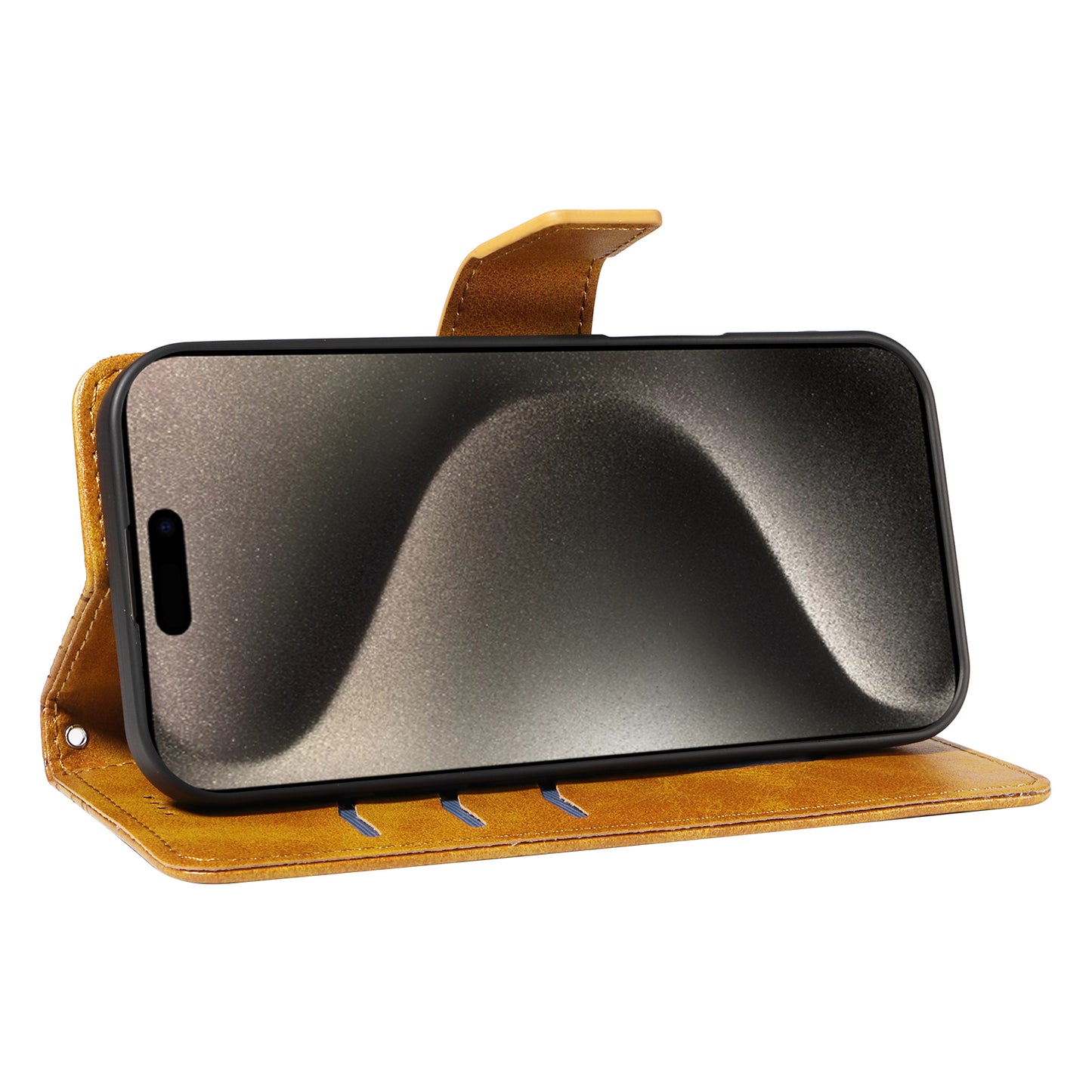 For iPhone 15 Pro Max Leather Case Wallet Stand Grids Imprinted Phone Cover with Strap - TechGearPal