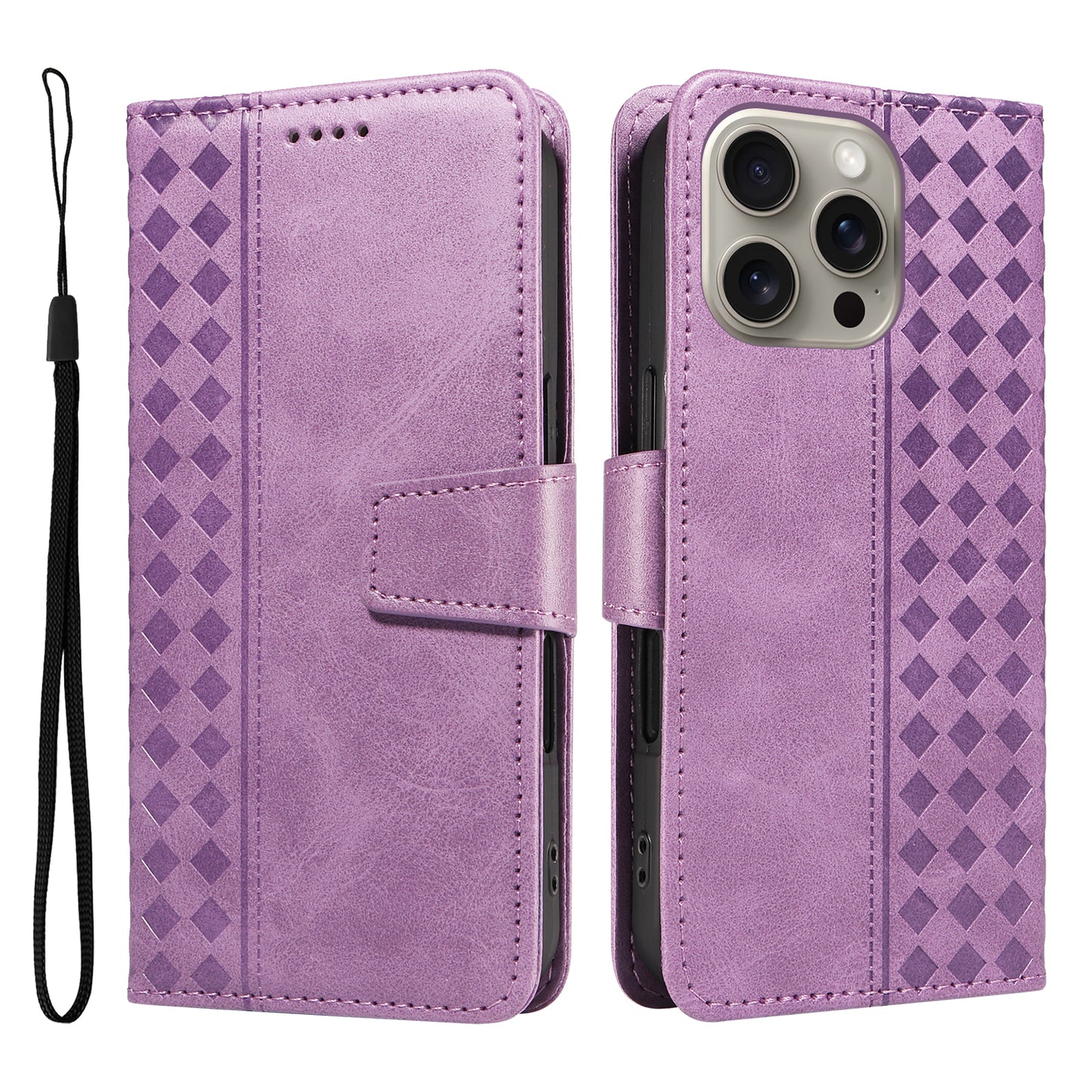 For iPhone 15 Pro Max Leather Case Wallet Stand Grids Imprinted Phone Cover with Strap - TechGearPal