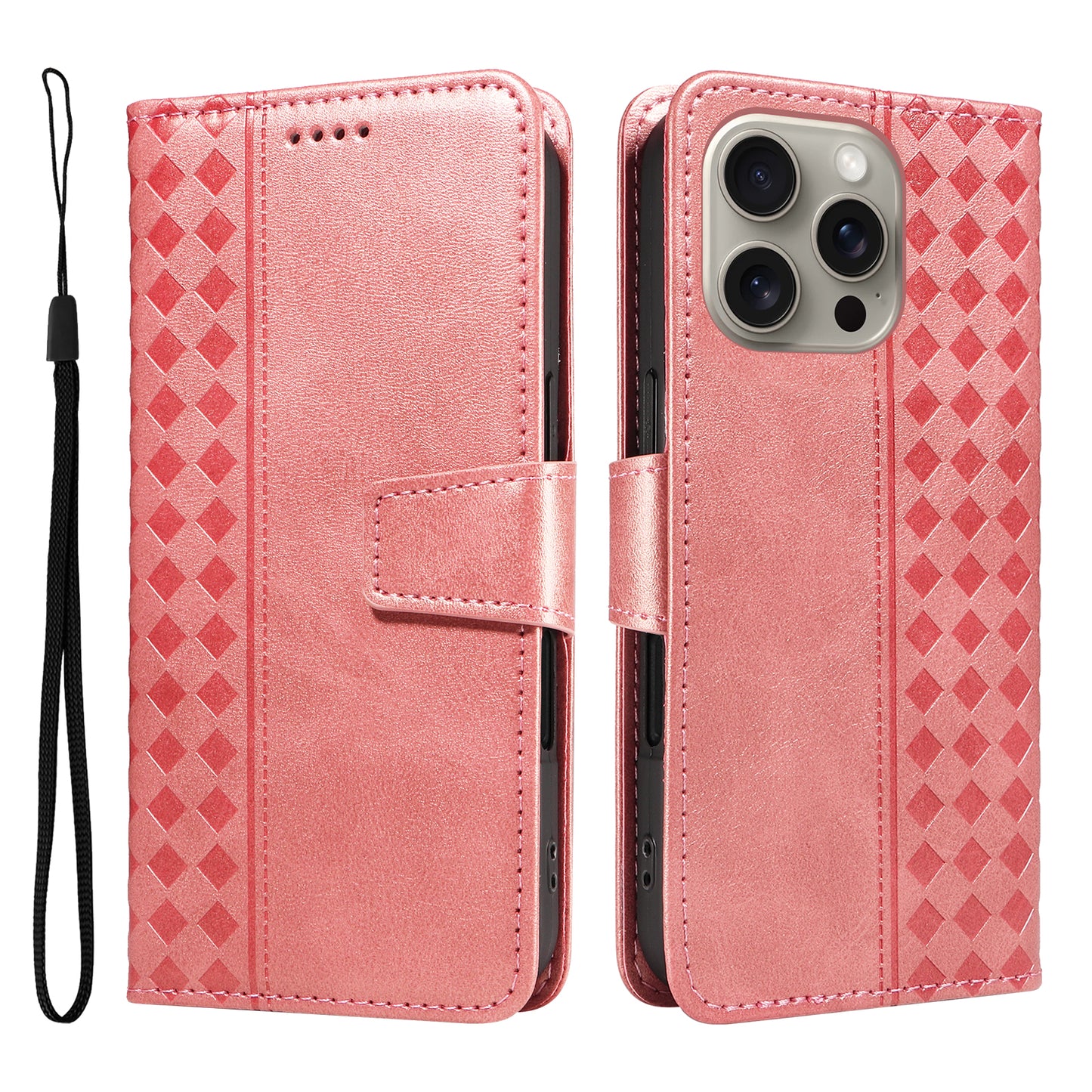For iPhone 15 Pro Max Leather Case Wallet Stand Grids Imprinted Phone Cover with Strap - TechGearPal