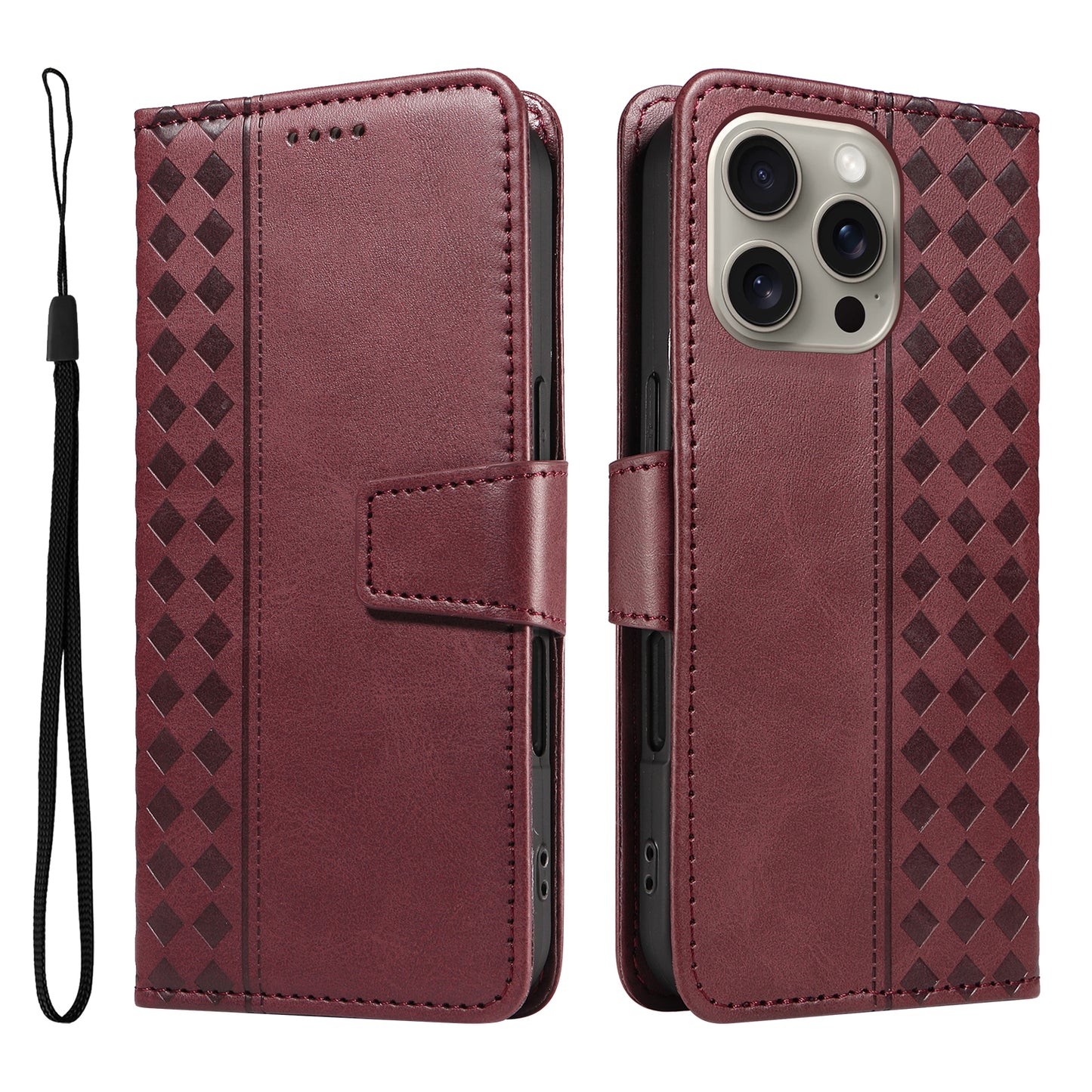 For iPhone 15 Pro Max Leather Case Wallet Stand Grids Imprinted Phone Cover with Strap - TechGearPal