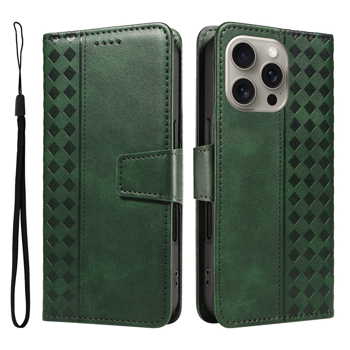 For iPhone 15 Pro Max Leather Case Wallet Stand Grids Imprinted Phone Cover with Strap - TechGearPal