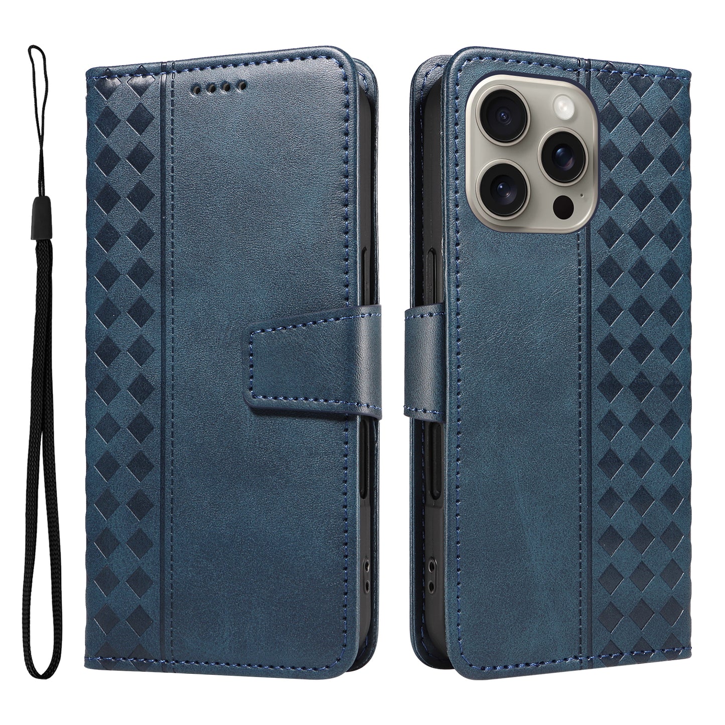 For iPhone 15 Pro Max Leather Case Wallet Stand Grids Imprinted Phone Cover with Strap - TechGearPal