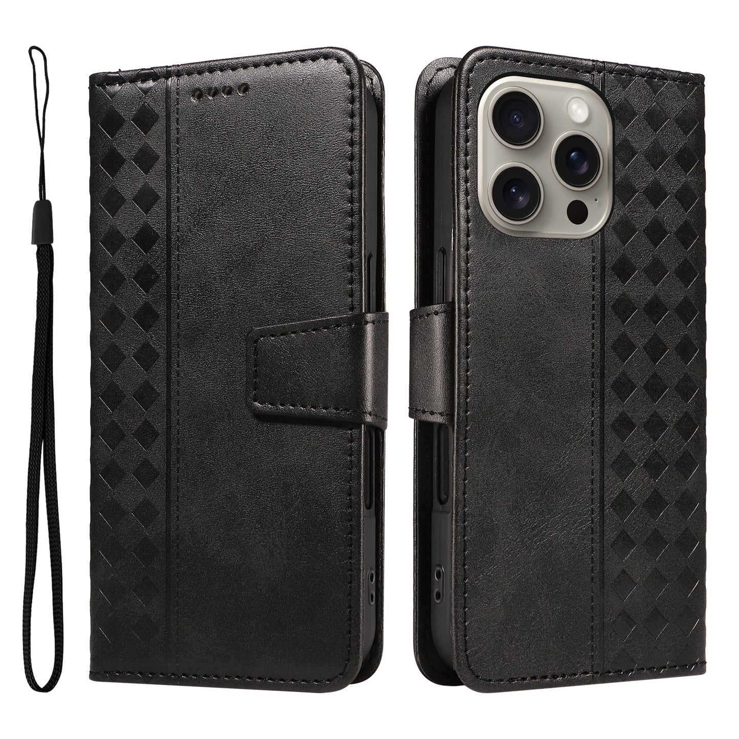For iPhone 15 Pro Max Leather Case Wallet Stand Grids Imprinted Phone Cover with Strap - TechGearPal