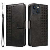 For iPhone 14 Leather Case Wallet Stand Grids Imprinted Phone Cover with Strap - TechGearPal