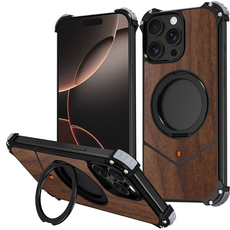 For iPhone 15 Pro Max Magnetic Case Wood Covered Metal Boardless Phone Back Cover with Kickstand - TechGearPal