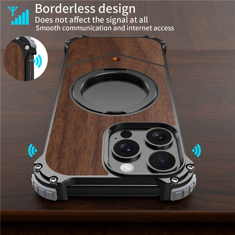 For iPhone 15 Pro Max Magnetic Case Wood Covered Metal Boardless Phone Back Cover with Kickstand - TechGearPal