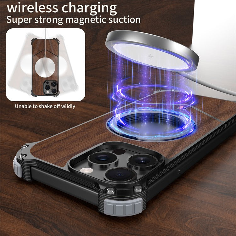For iPhone 15 Pro Max Magnetic Case Wood Covered Metal Boardless Phone Back Cover with Kickstand - TechGearPal