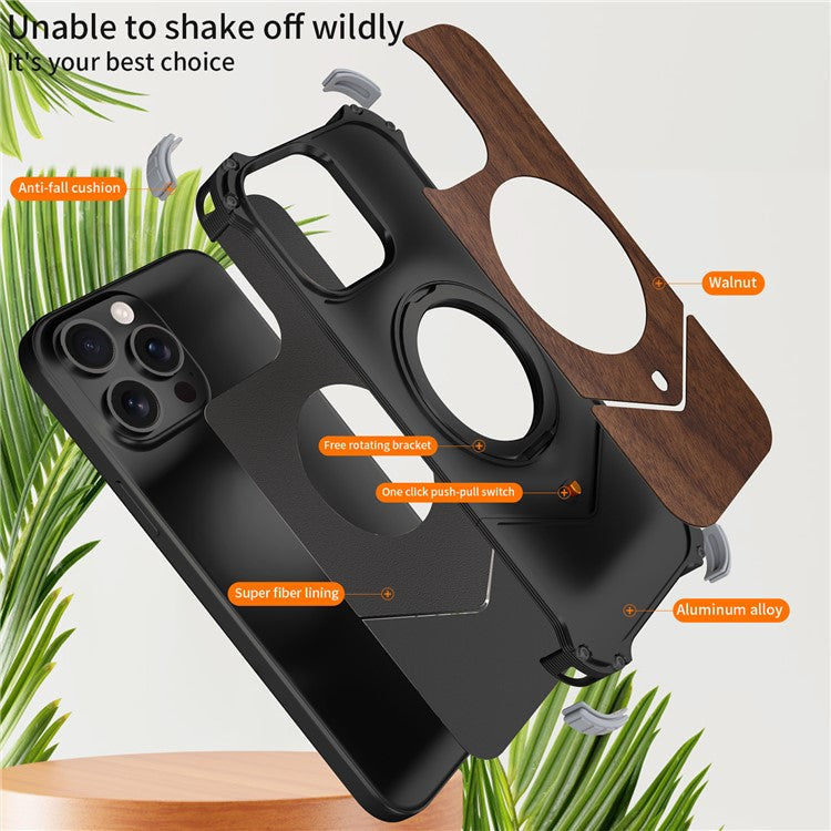 For iPhone 15 Pro Max Magnetic Case Wood Covered Metal Boardless Phone Back Cover with Kickstand - TechGearPal