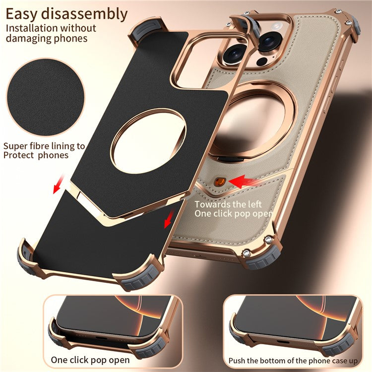 For iPhone 14 Pro Max Case PU Covered Metal Boardless Phone Back Cover with Kickstand - TechGearPal