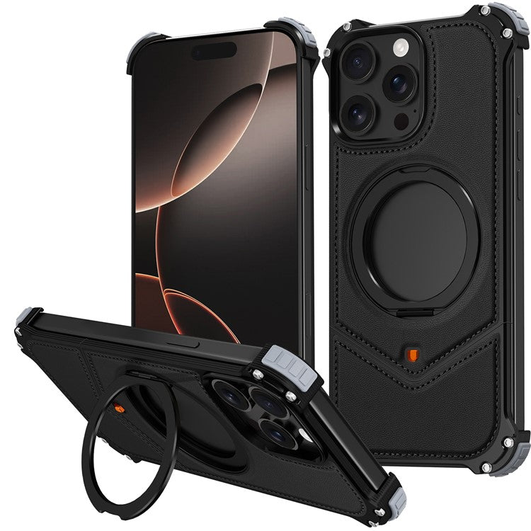 For iPhone 14 Pro Max Case PU Covered Metal Boardless Phone Back Cover with Kickstand - TechGearPal