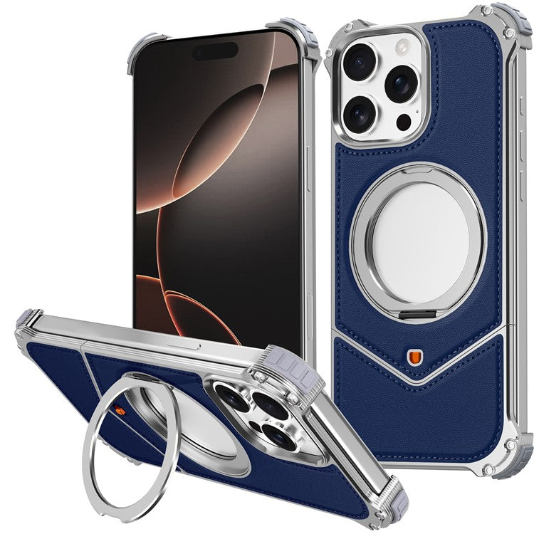 For iPhone 14 Pro Max Case PU Covered Metal Boardless Phone Back Cover with Kickstand - TechGearPal