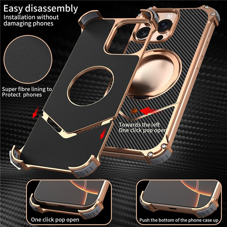 For iPhone 14 Pro Max Magnetic Case Carbon Fiber Texture PU + Metal Boardless Phone Back Cover with Kickstand - TechGearPal