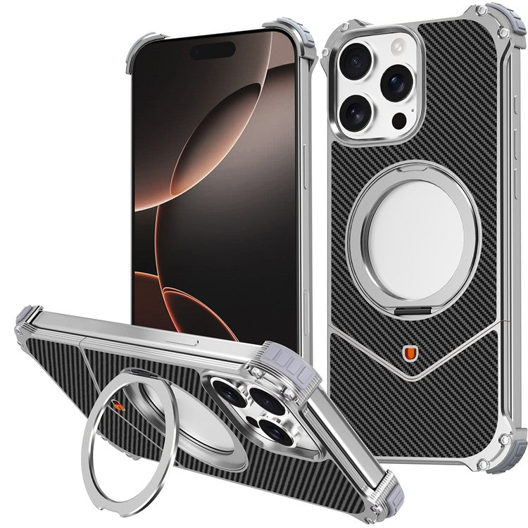 For iPhone 14 Pro Max Magnetic Case Carbon Fiber Texture PU + Metal Boardless Phone Back Cover with Kickstand - TechGearPal