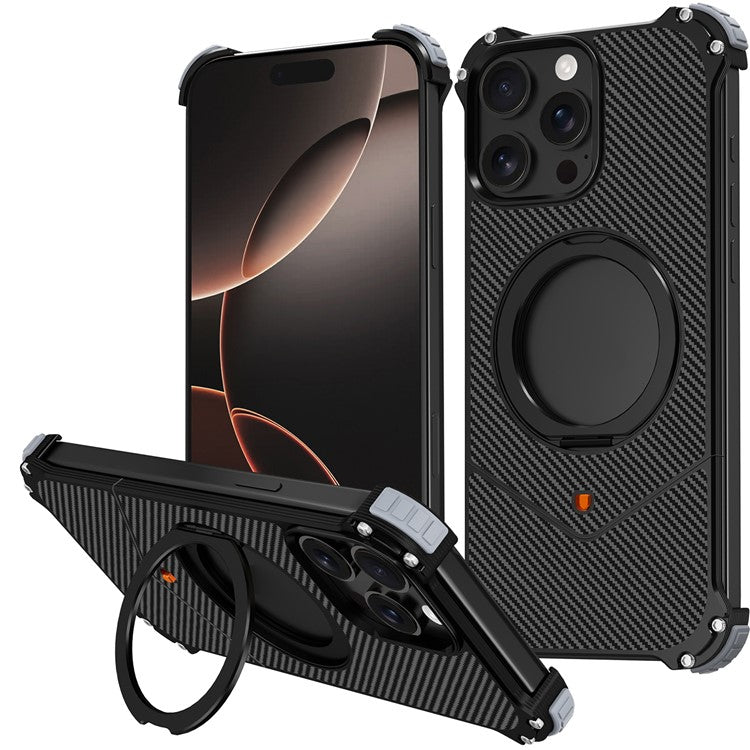 For iPhone 14 Pro Max Magnetic Case Carbon Fiber Texture PU + Metal Boardless Phone Back Cover with Kickstand - TechGearPal