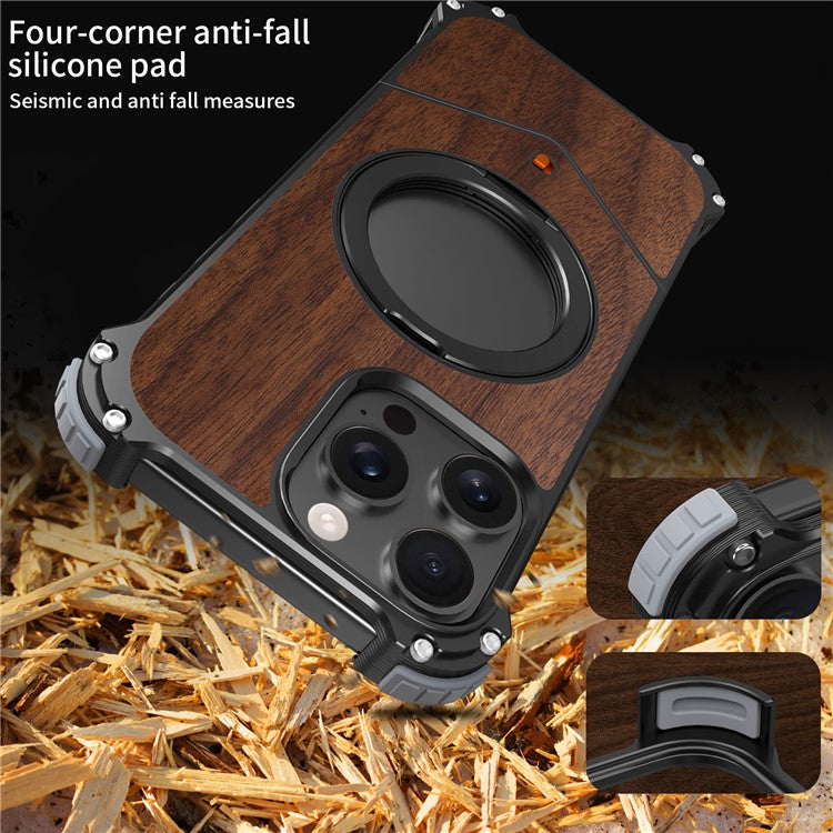 For iPhone 14 Pro Max Magnetic Case Wood Covered Metal Boardless Phone Back Cover with Kickstand - TechGearPal