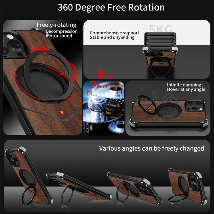 For iPhone 14 Pro Max Magnetic Case Wood Covered Metal Boardless Phone Back Cover with Kickstand - TechGearPal