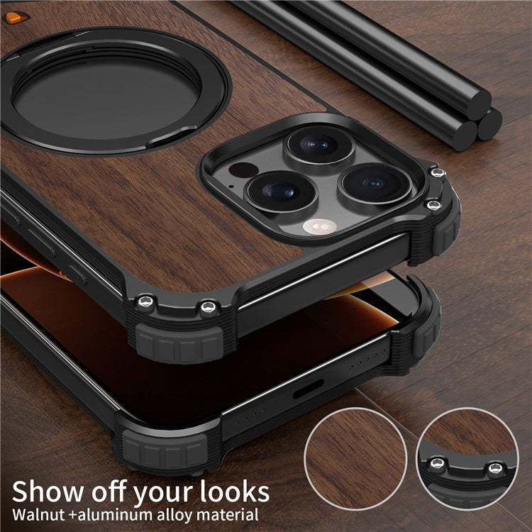 For iPhone 14 Pro Max Magnetic Case Wood Covered Metal Boardless Phone Back Cover with Kickstand - TechGearPal