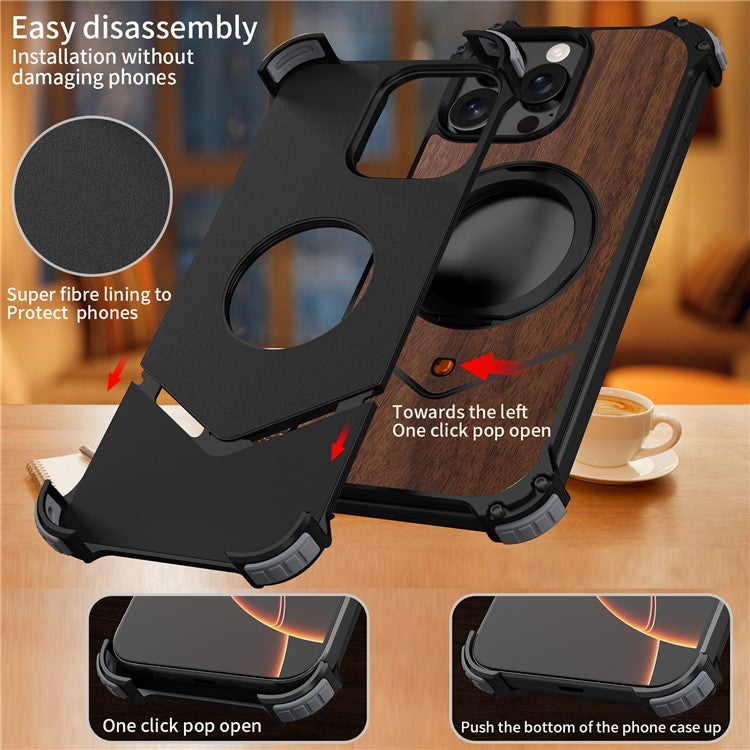 For iPhone 14 Pro Max Magnetic Case Wood Covered Metal Boardless Phone Back Cover with Kickstand - TechGearPal