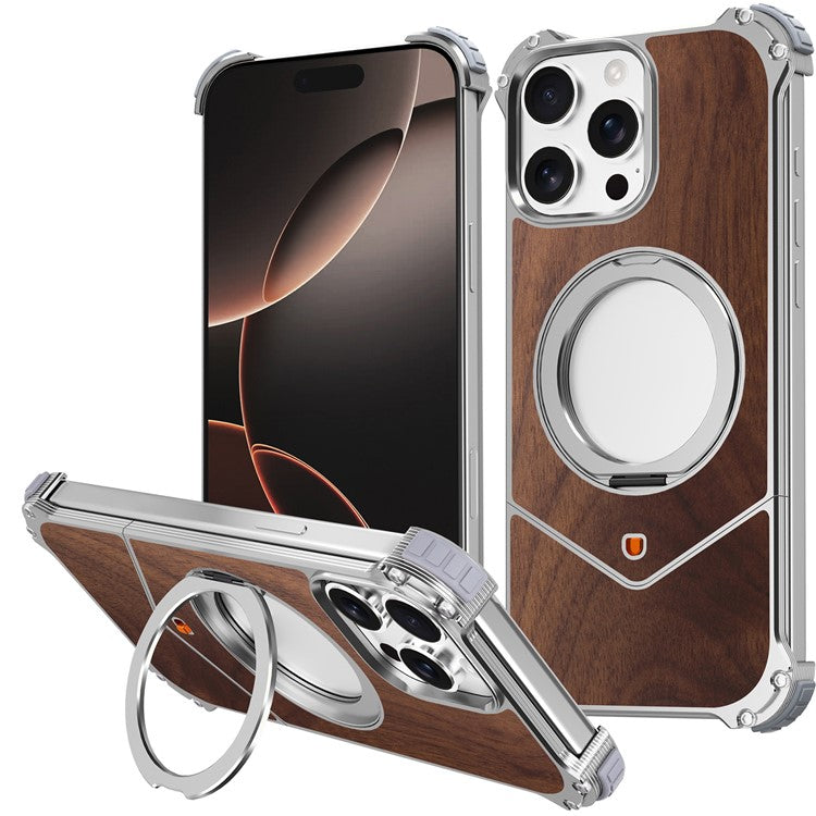 For iPhone 14 Pro Max Magnetic Case Wood Covered Metal Boardless Phone Back Cover with Kickstand - TechGearPal