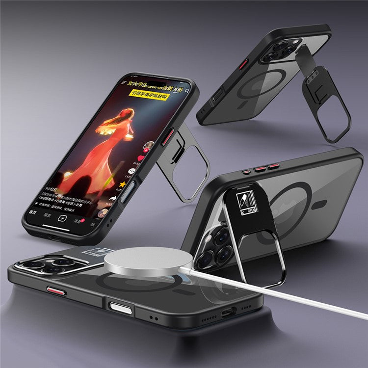 For iPhone 16 Magnetic Case TPU + Acrylic Kickstand Phone Cover with Glass Lens Film - TechGearPal