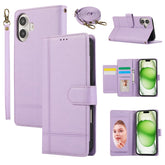 For iPhone 16 Case Multi Card Slots Zipper Leather Phone Cover with Shoulder Strap / Wrist Strap