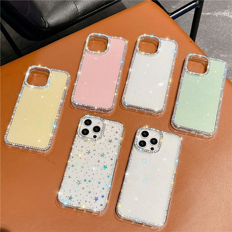 For iPhone 14 Pro Max Case Rhinestone Edge Glitter Back TPU + PC IMD Phone Cover - TechGearPal
