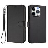 For iPhone 16 Pro Leather Case Wallet Stand Phone Cover with Wrist Strap