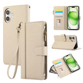 For iPhone 16 Case Multi Card Slots Zipper Leather Phone Cover with Wrist Strap