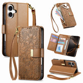For iPhone 16 Case Floral Leaf Pattern Multi Card Slots Zipper Leather Phone Cover with Wrist Strap