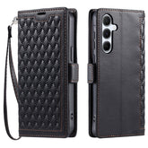For Samsung Galaxy S25 FE Leather Case Rhombus Texture Wallet Stand Phone Cover with Wrist Strap