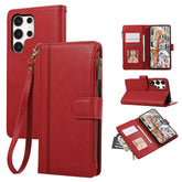 For Samsung Galaxy S24 Ultra Case Multi Card Slots Zipper Leather Phone Cover with Wrist Strap - TechGearPal