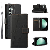 For Samsung Galaxy S25 FE Phone Case Line Imprint Leather Wallet Cover with Wrist Strap - TechGearPal