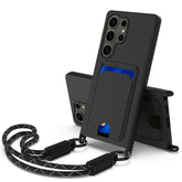 Coque arrière en silicone liquide pour Samsung Galaxy S25 Ultra, avec porte-cartes et sangle courte