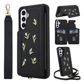 Étui en cuir PU brodé avec porte-cartes et bandoulière pour Samsung Galaxy S25+/S24+