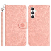 For Samsung Galaxy S25 FE Case Flower Imprint Leather Flip Wallet Phone Cover with Wrist Strap