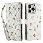 For iPhone 16 Pro Wallet Case Rhombic Floral Design Leather Flip Phone Cover with Strap