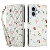 For iPhone 16 Wallet Case Rhombic Floral Design Leather Flip Phone Cover with Strap