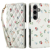 For Samsung Galaxy S25+ / S24+ Wallet Case Rhombic Floral Design Leather Flip Phone Cover with Strap - TechGearPal