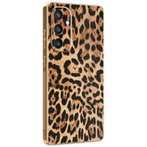 For Samsung Galaxy S24 Case Leopard Print PU Leather Coated PC + TPU Electroplating Phone Cover