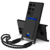 Für Samsung Galaxy S23 Ultra Liquid Silikonhülle Telefonrückseite mit Kartenhalter und kurzem Riemen