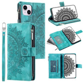 Mandala Flower Imprinted PU Leather Cover for iPhone 15 Zipper Pocket Anti-Drop Wallet Phone Case with Strap - TechGearPal