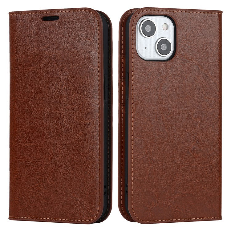 For iPhone 15 Crazy Horse Texture Stand Cover Genuine Cow Leather Wallet Protective Phone Case - TechGearPal