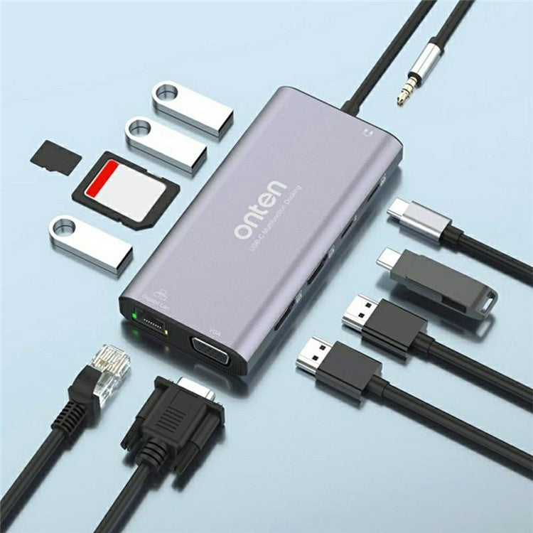 ONTEN UC601 USB 3.0 Hub Docking Station Gigabit Ethernet RJ45 / Dual HDMI 4K / Type-C Multifunction Adapter - TechGearPal