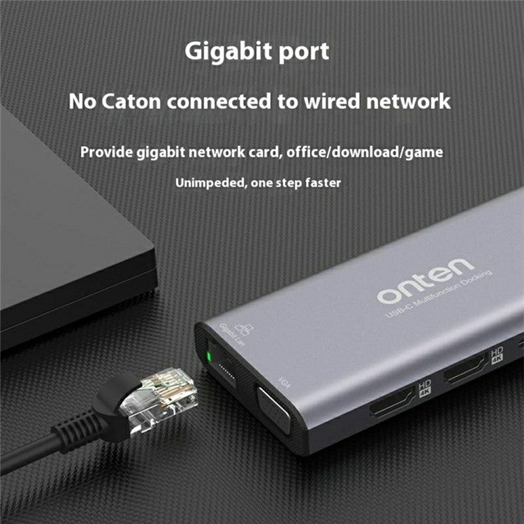 ONTEN UC601 USB 3.0 Hub Docking Station Gigabit Ethernet RJ45 / Dual HDMI 4K / Type-C Multifunction Adapter - TechGearPal