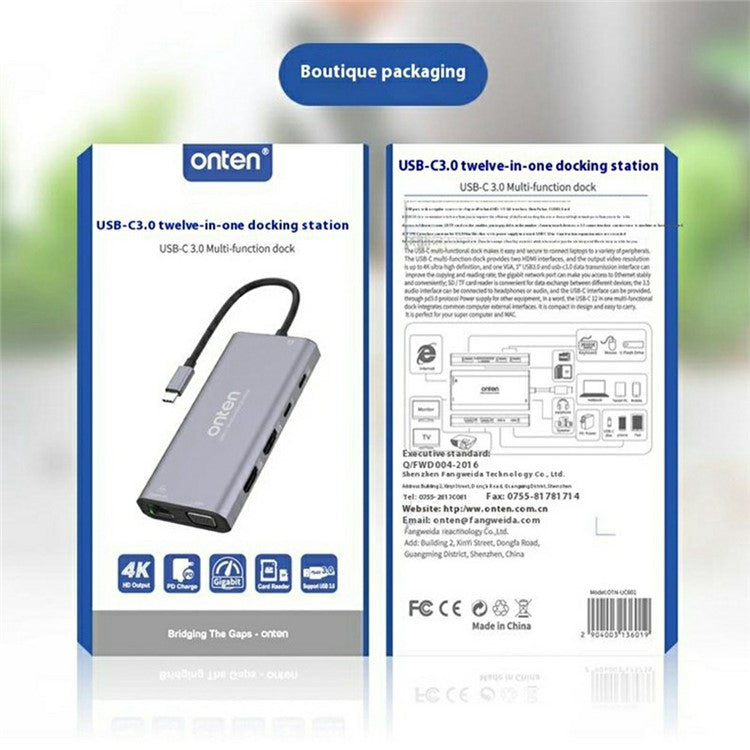 ONTEN UC601 USB 3.0 Hub Docking Station Gigabit Ethernet RJ45 / Dual HDMI 4K / Type-C Multifunction Adapter - TechGearPal