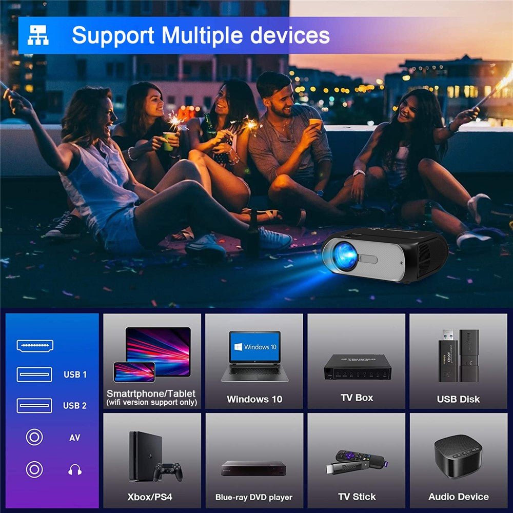 T7 1080P HD Video Mini Projector Portable 200ANSI Movie Projector with Synchronize Smartphone Screen Function