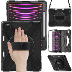 For iPad Pro 12.12.9 (2022) / (2021) / (2020) / (2018) X-Shape PC + TPU Combo Kickstand Case with Hand Strap and Shoulder Strap