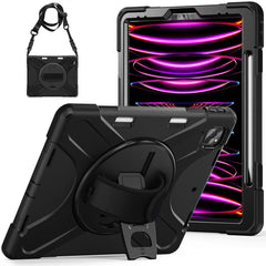 For iPad Pro 12.12.9 (2022) / (2021) / (2020) / (2018) X-Shape PC + TPU Combo Kickstand Case with Hand Strap and Shoulder Strap